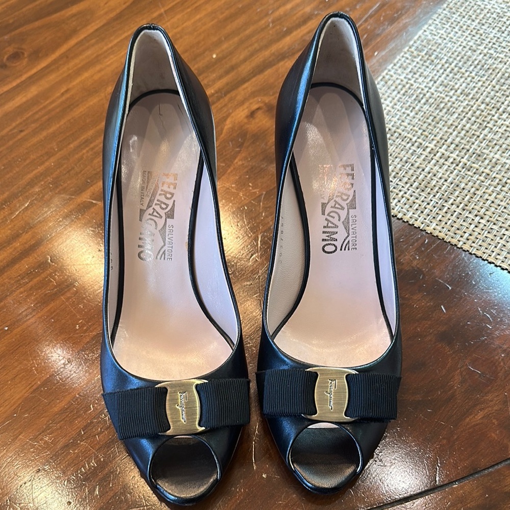 Salvatore Ferragamo Black Patent Leather Heels with Gold Ornament